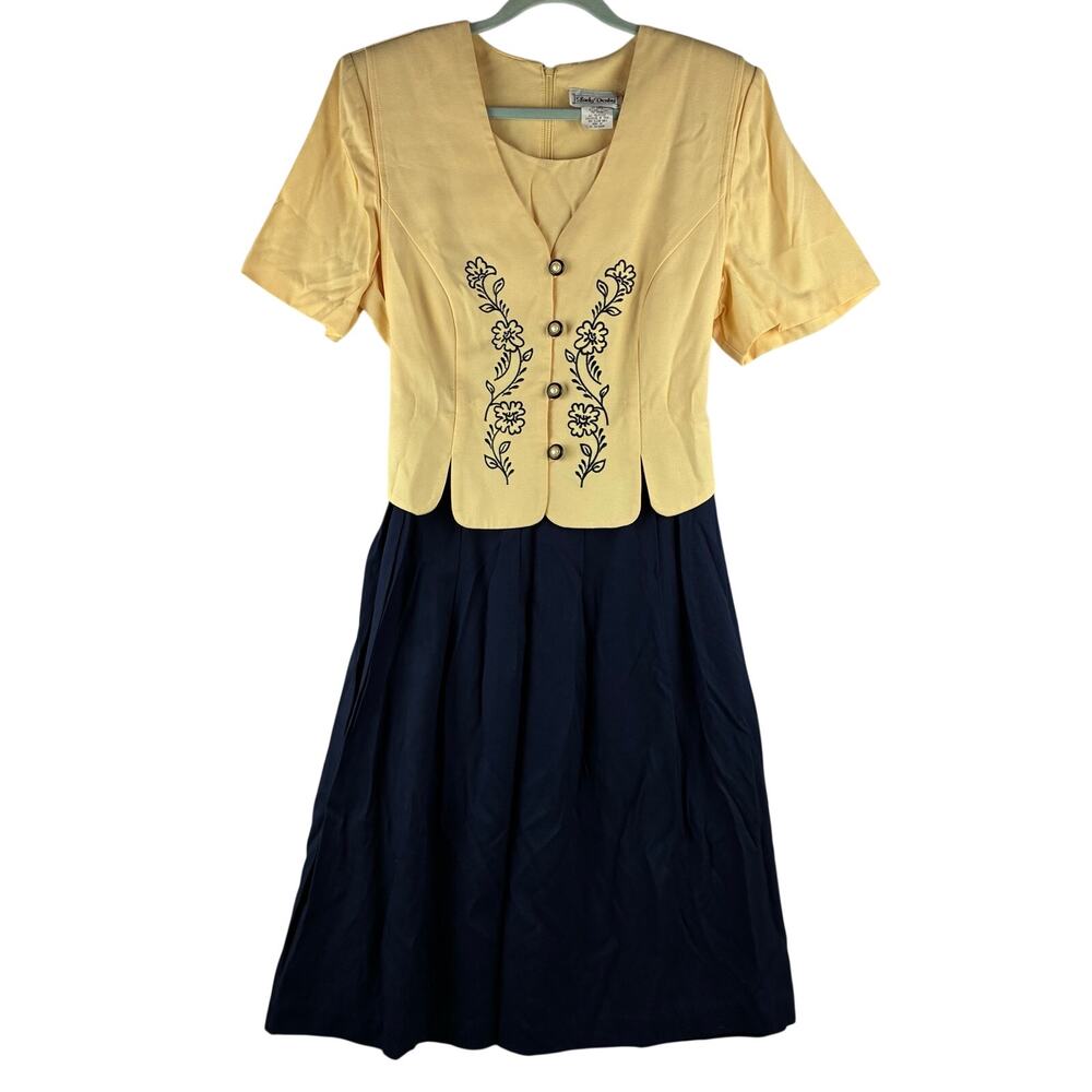 Lady Dorby Vintage Midi Dress Women's 18W Yellow Navy Floral Embroidered 90s